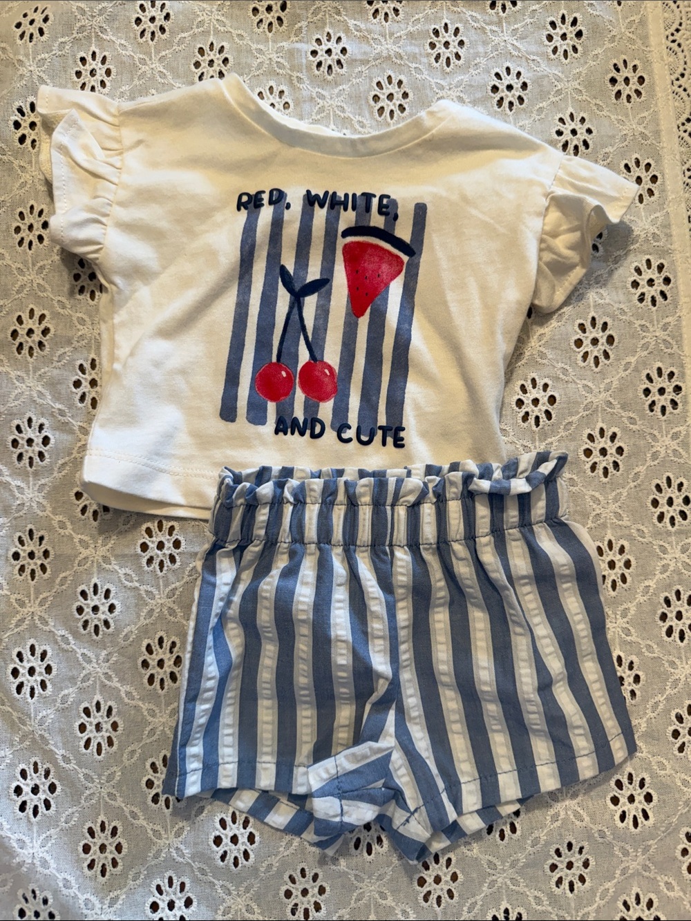 Carter's White Top with Red Fruit Graphic & Blue Striped Shorts Pajama Set